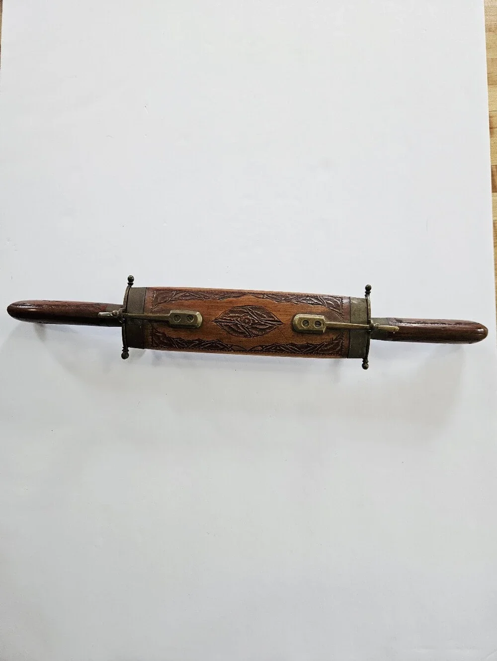 Vintage Hand Carved Indian Wood Brass Meat Carving Knife Fork & Sheath Case Set